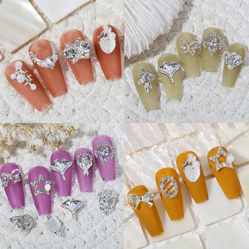 1 silver gold metal shiny bow star shaped nail charm 3D rhinestone nail decoration accessory tip DIY W240829
