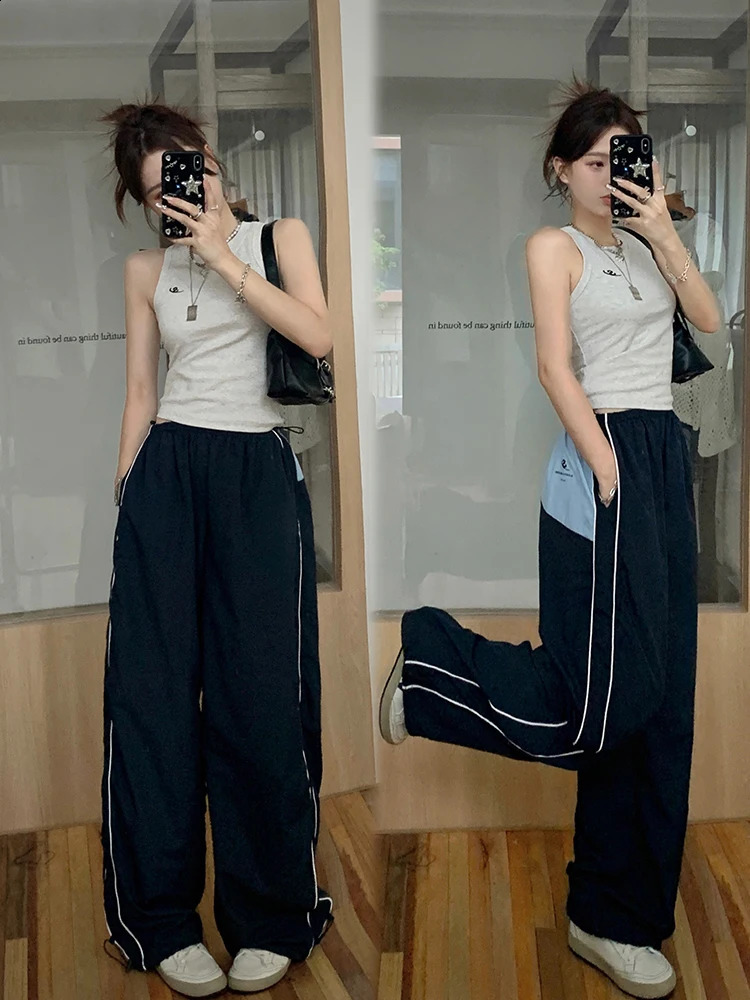 QWEEK Korean Fashion Track Pants Womens Y2K Retro Patch Work Wide Leg Sports Oversized Quick Drying Kpop Street Jogging Trousers 240827