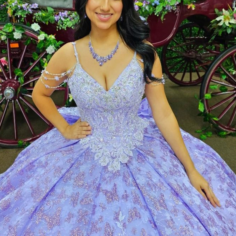 Lavender Shiny Princess Quinceanera Dresses 3D wer Sequin Applique Bow Beads Tull Corset Cinderella Party Sweet 16 Dress vestidos de 15