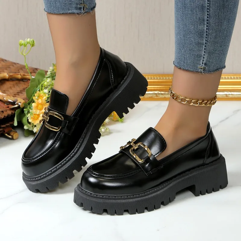 2024 Female Shoes Women Fashion Mary Janes Round Toe Flats Loafers Oxfords Platform Casual Metal Chain Buckle Ladies Heels Black efb