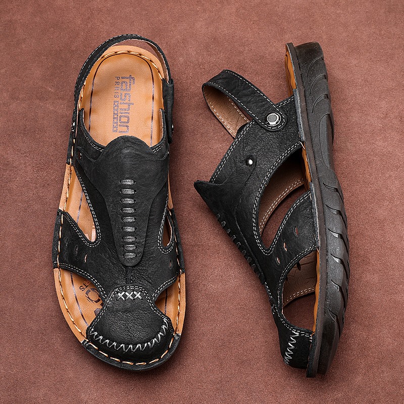 Men Shoes Flats Slip on Leather Sandals Men Fashion Non-slip Slippers Outdoor Sandy Beach Men Sandals Breathable High Quality