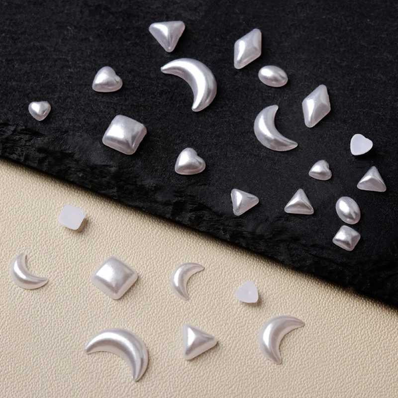 1 bag of resin heart-shaped moon pearl nail art decoration flat back pearl white mixed size 3D nail charm handmade nail accessories W240829