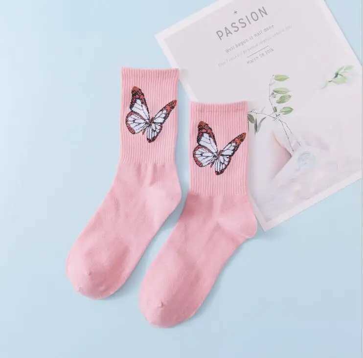 Men's Socks 6 Pairs/Set Womens Lovely Solid Color Butterfly Socks Crew Socks For Ladies Breathable Happy Socks Y240830DEIC