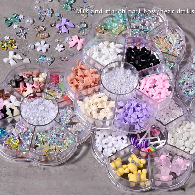7-grid bow mixed style ribbon nail art decoration pink fairy aurora bear pearl bead design DIY professional accessories W240829