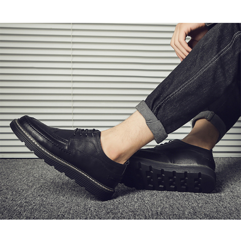 2024 Fashion Brogues Men Casual Flat Thick Sole Male Footwear Pure Black Shoes A4834