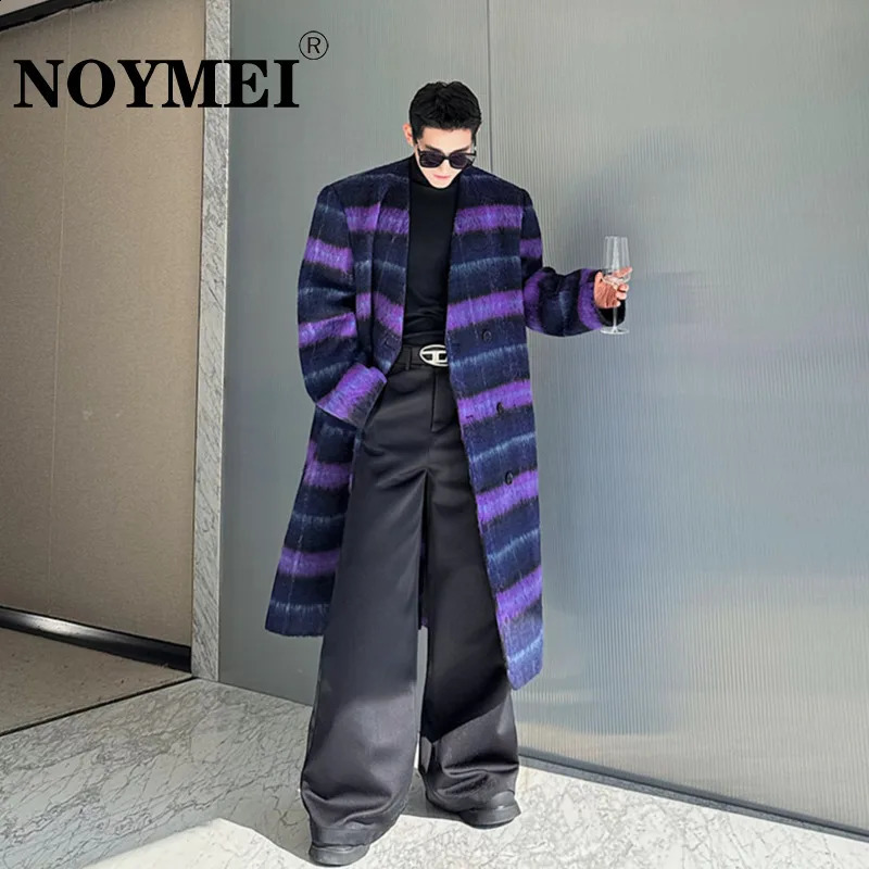 NOYMEI winter plain weave n wool coat thick purple long fully matched Korean style collarless coat for men WA3536 240829