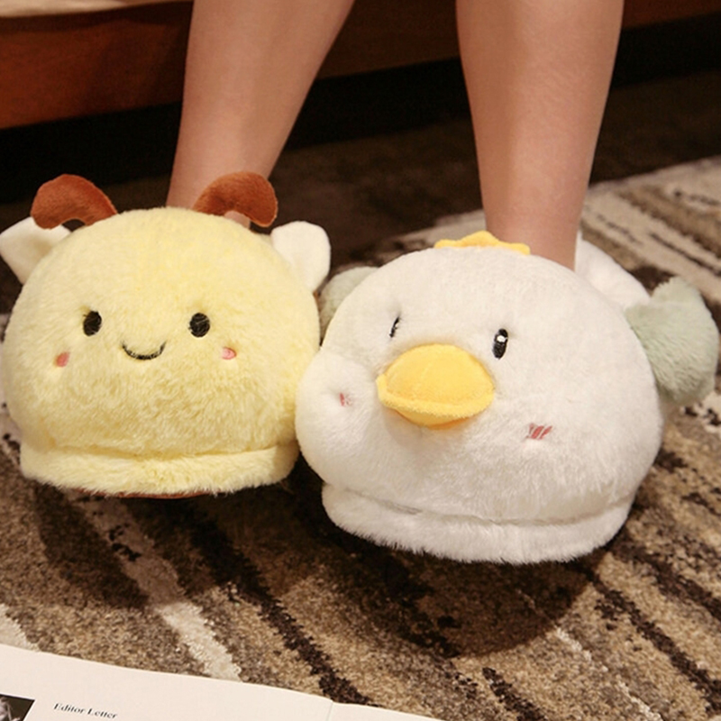 New Home Slippers Cartoon Bee Modeling Design 2023 White Warm Adult Lady Plush Head Silent Indoor Floor Women Fun Slippers Df7