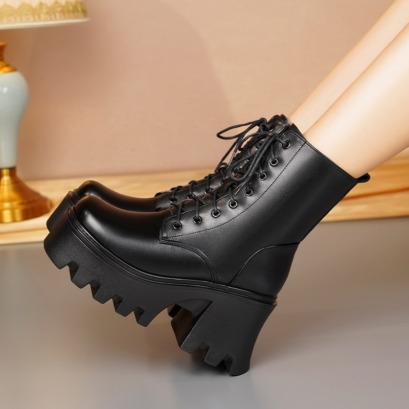 AIYUQI Women Ankle Boots Platform High Heel 2024 Genuine Leather Wool Warm Winter Boots Women Lace-up Fashion Biker Boots Women