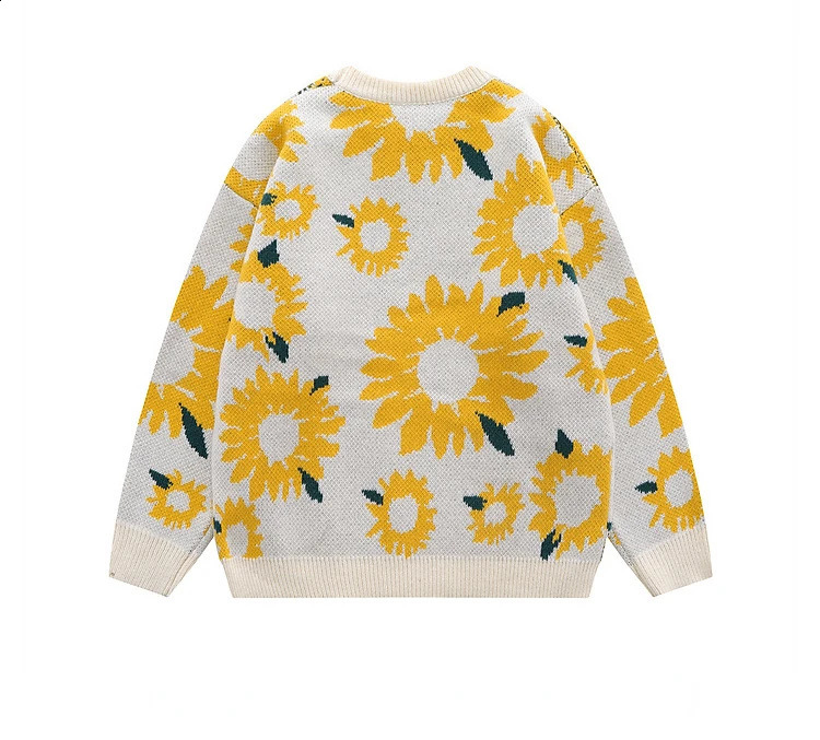 Couples loose knit sweater round neck oversized casual chrysanthemum print sweater mens street Harajuku fashion jumping autumn 240829
