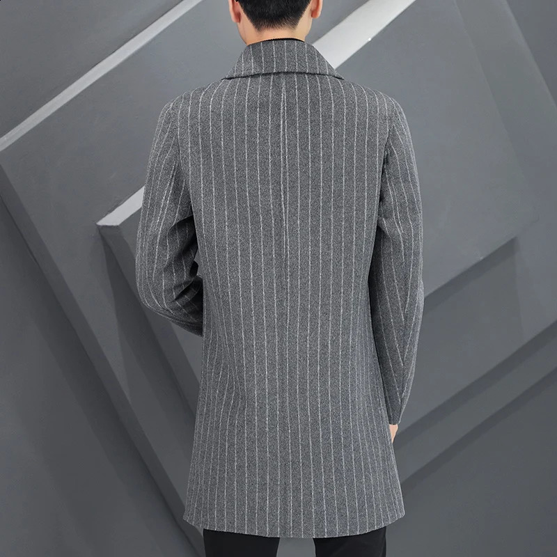 Business and leisure mens autumn and winter striped wool coat mid length coat top-grade wool coat daily thick warm windproof jacket 240829