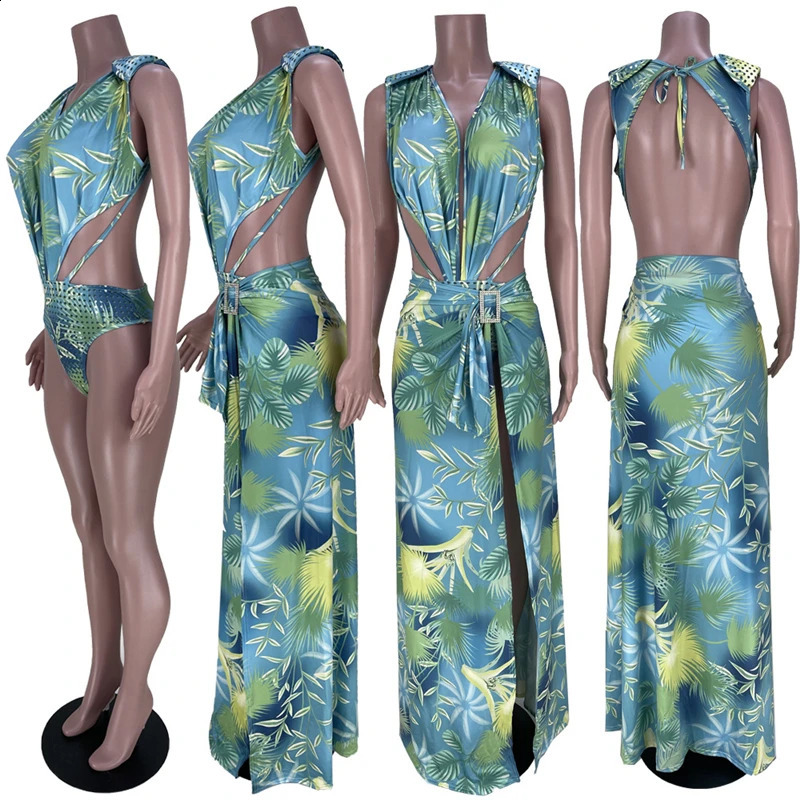 Leaf Print Two Piece Set Women Party Dress Clubwear Bodysuit Top and Split Maxi Skirt Sets Summer Holiday Beach Birthday Outfits 240829
