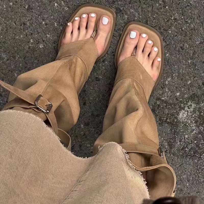 Hot Girls Khaki Black Suede Square Clip Toe Inner Height Increasing Belt Buckle Leisure Knee High Boots Women Summer Shoes