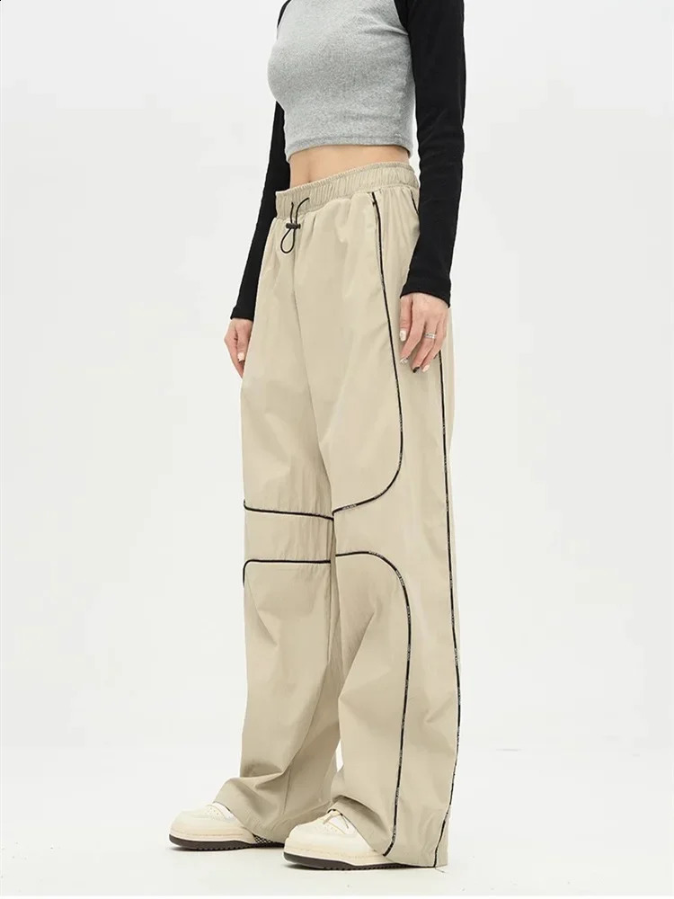 Womens retro Y2K striped reflective black sports pants with oversized wide legs for Trousers 240827