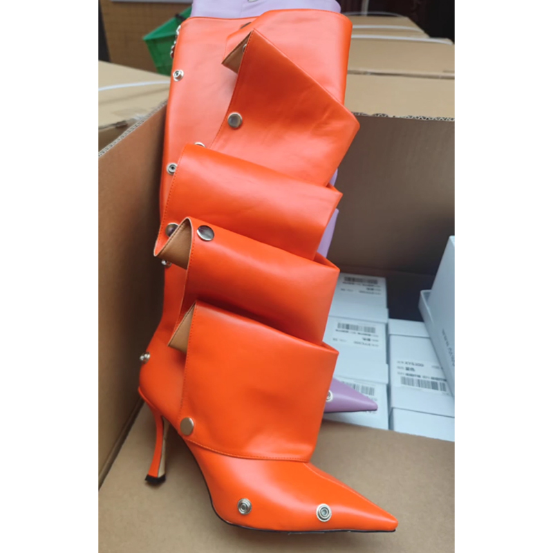 Wrinkled Metal Buttons Spliced Denim 2024 Women Folding High Barrel Boots 34-43 Auto Show Model New Fashion Boot
