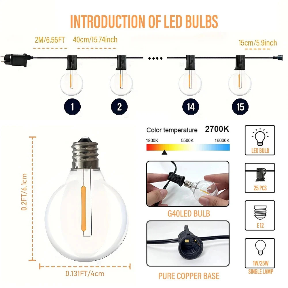 LED G40 Ball String Light Waterproof Outdoor Garden String Light Terrace Garden Bar Christmas Party Decoration 240829 ww - view 3