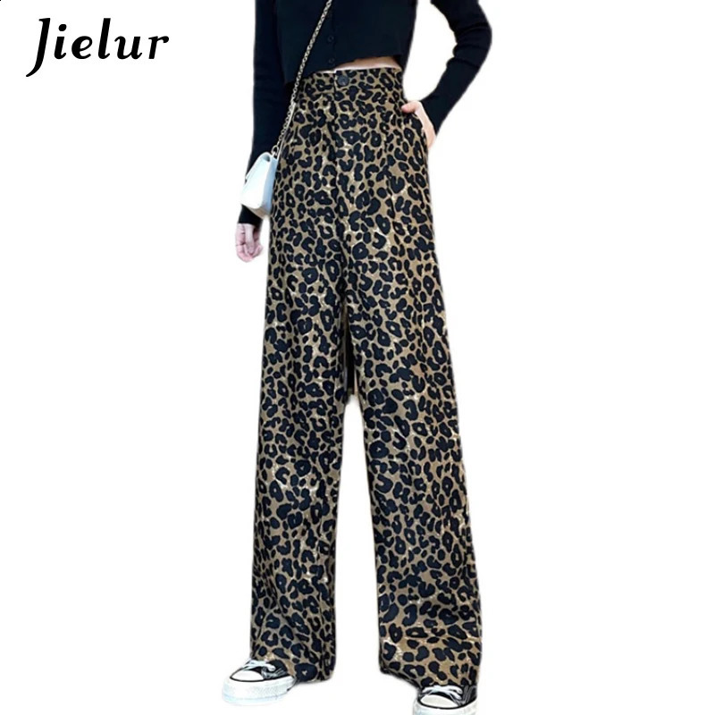 Jielur Fashion Leopard High Waist Womens Pants Vintage Casual Y2K Female Pants Young Streetwear Hip-Hop Wide Leg Trousers 240829