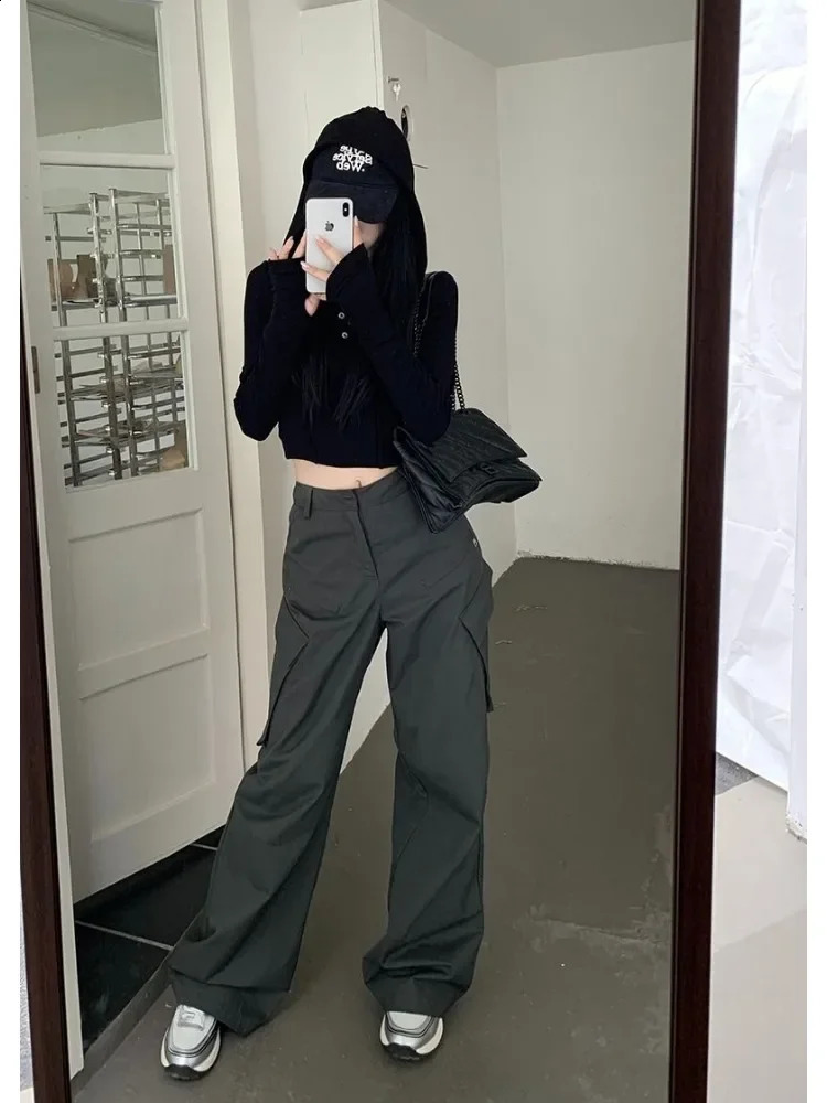 HOUZHOU Womens Freight Pants Grey Retro Y2K Luggage Korean High Waist Trouser Techwear Aesthetic Female Streetwear Hippie 240827