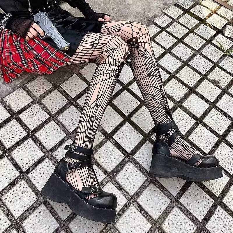 Socks Hosiery Gothic Dark Girls Skull Hollowed Out Tights Punk Women Sexy Fishnet Black Stockings Goth Lolita Nylon Spider Web Mesh Pantyhose Y2408330