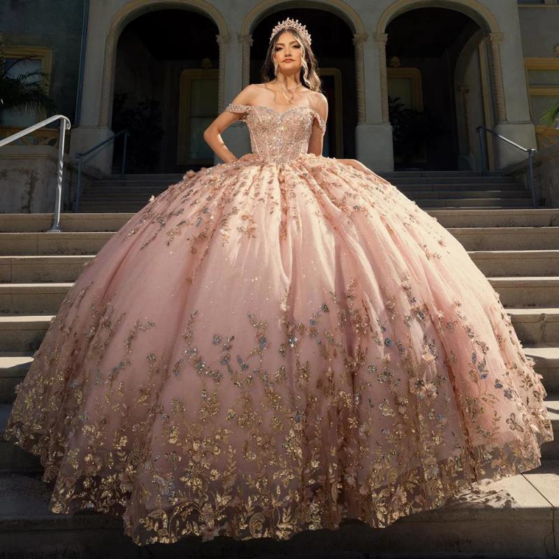 Pink Off The Shoulder 3D wers Ball Gown Quinceanera Dresses Ruffles Sequined Appliques Lace Beads Tull Corset Vestidos De 15 Anos