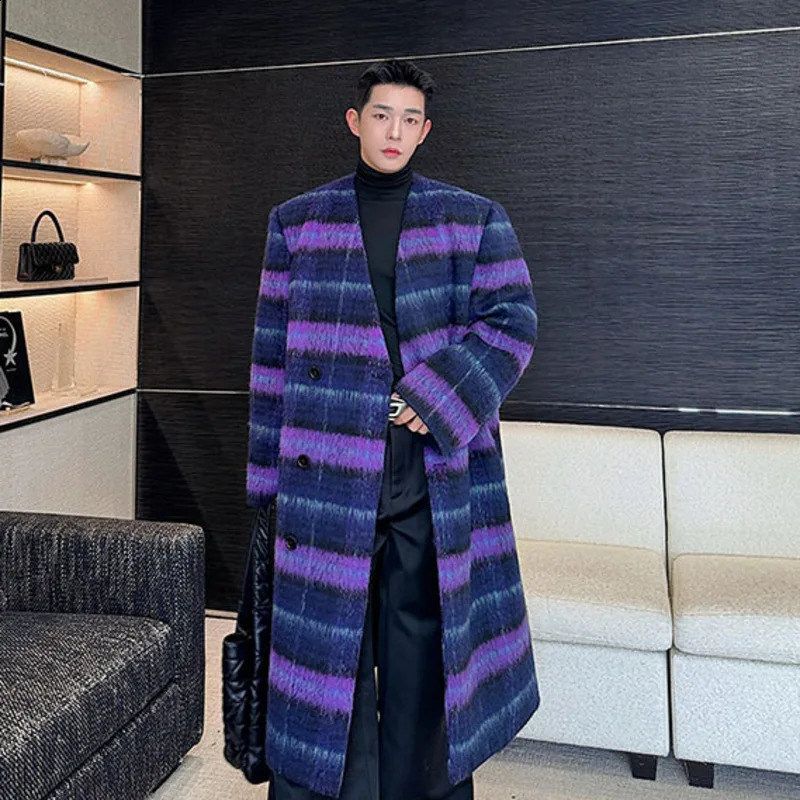 NOYMEI winter plain weave n wool coat thick purple long fully matched Korean style collarless coat for men WA3536 240829