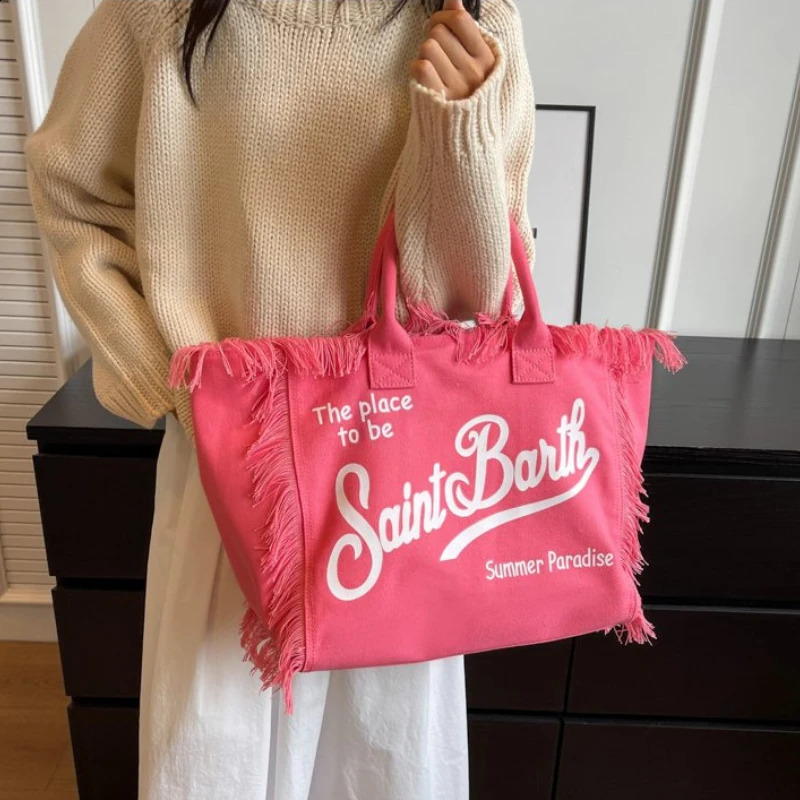 Selling Solid Color Fashion Shoulder Bag Light Canvas High Capacity Womens Bag Letter Tassel Splice Handbag 240830