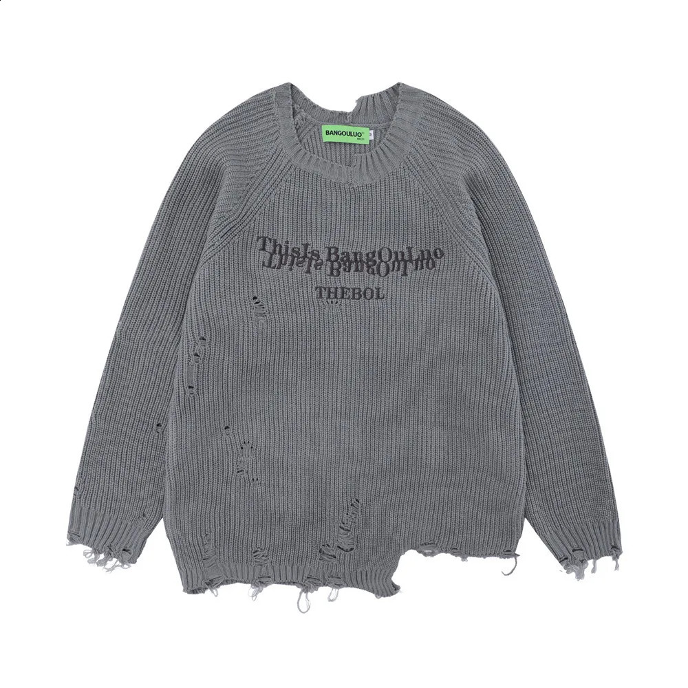 Letter Embroidery Retro Lazy Style Knitted Sweater Y2K Fashion Mens High Street Tear Hole O-Neck Puller 240829