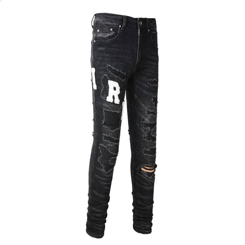 Mens High Street Black Jeans Embroidered Letter Tight Elastic Jeans 240829
