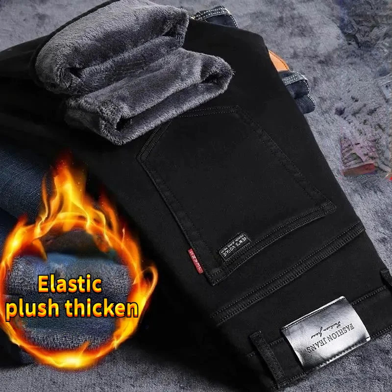 Brushed Jeans Men Korean Style Baggy Winter Pants Straight Stylish Denim Fabric Warm Thicken Stretch Trousers 240826Z
