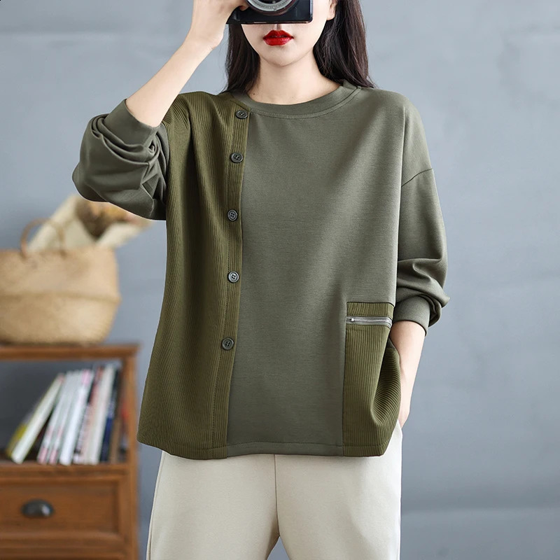 solid color floral loose long sleeved checkered sports shirt for womens autumn straight Oneck streetwear patch work retro top 240827