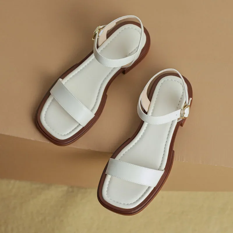 Summer Women's Sandals Luxury Leather Sandals Fashion Square Toe Open Toe Strap Sandals Comfortable Block Heel Platform Sandalen