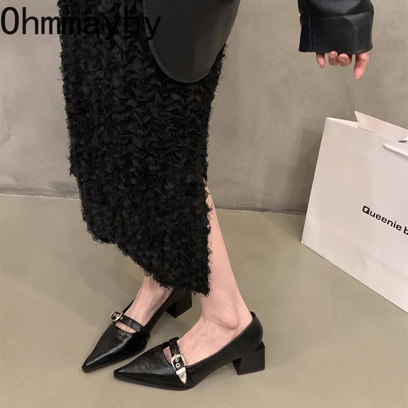 Pointed Spring Toe Women's Pumps Fashion New Elgant Square Heel Footwear Ladies Shallow Street Style Mary Jane Shoes 79ac