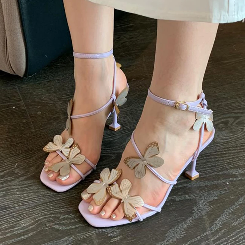 2025 new Butterfly Purple High Heeled Women Summer Casual Square Toe Sandals Woman Thin Heels Ankle Straps Party Shoes 5fd1