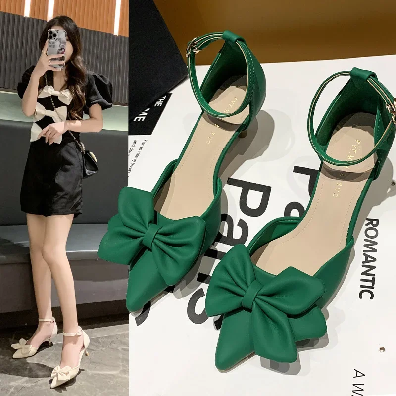 Women's New Summer Shoes Fashion 2022 New Low Heels Bow-knot Pointed Sandals Sexy Baotou Stiletto Party Light Sandalias De Mujer 3f72