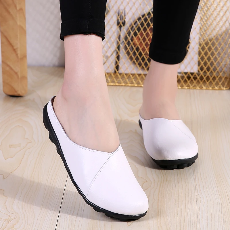 YAERNI Plus Size Flat Shoes Fashion Mules Womens Leather Split Slip On Flip Flops Women's Slippers Shoe SlidesE1302