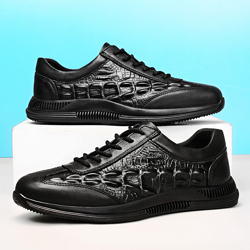 Genuine Leather Mens Casual Shoes Lace Up Fashion Trainers Non Slip Lightweight Sneakers Crocodile Pattern Male Tenis Masculino