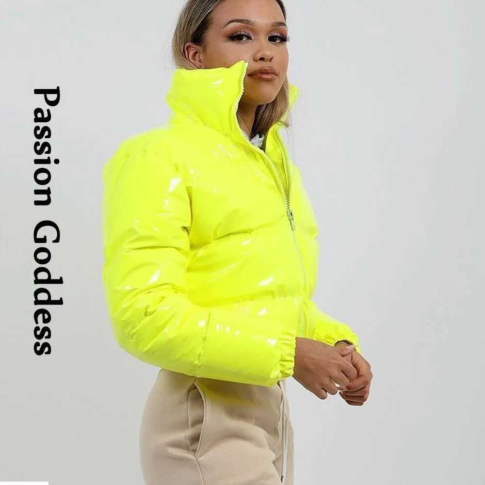 Women's Down Parkas Autumn Winter Women Bright PU Puffer Jackets Warm Bubble Coat Down Parkas Outcoat Zipper Jacket Cute Cropped Parkas XXL Y2410