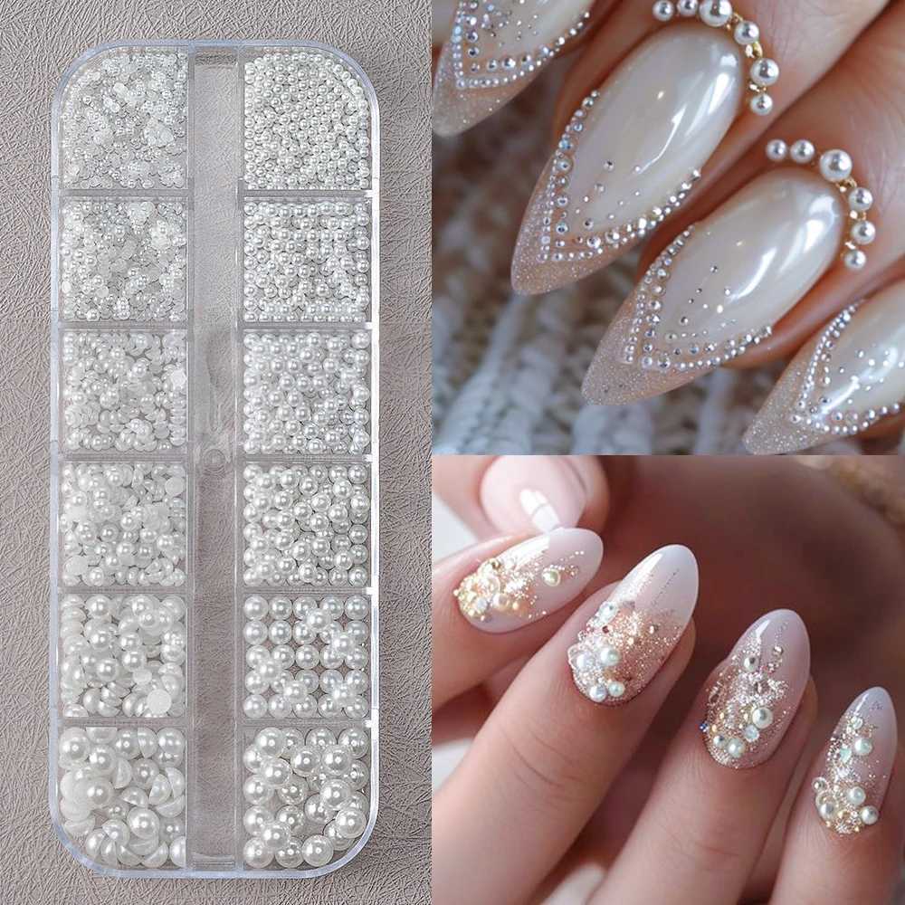 12 Grid/Box Round White Pearl Nail Bead Charm Half Round Gold/Silver Pearl Gem DIY Flat Back Nail Art Decoration ## W240829