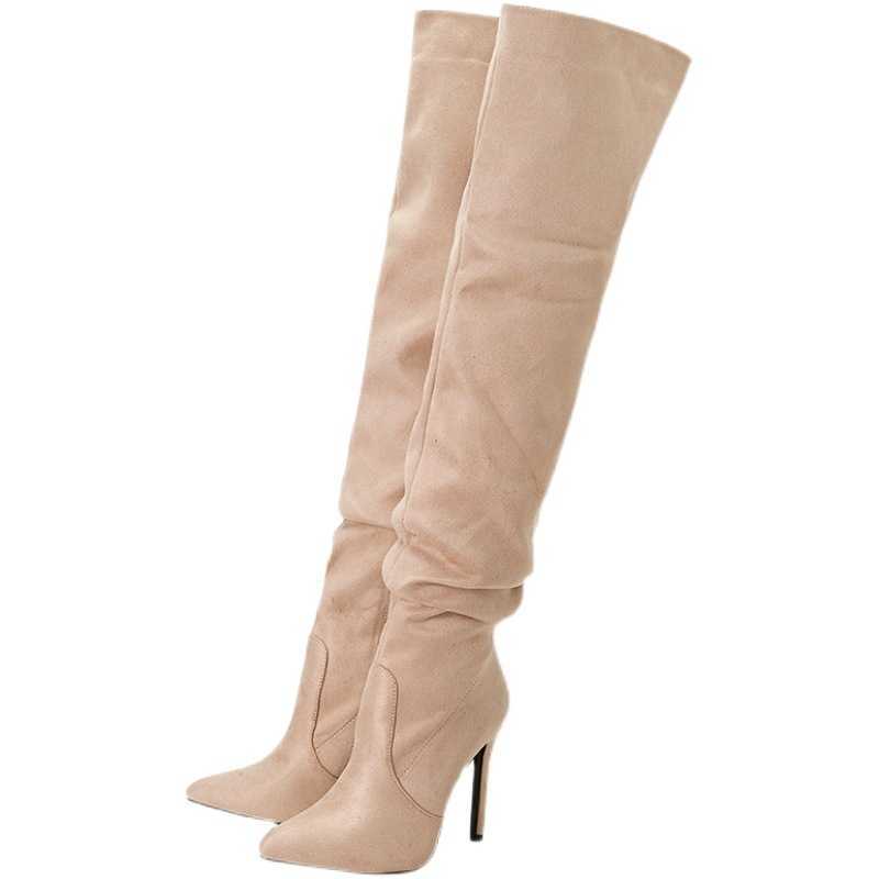 CMM Childrens Winter New Apricot High Heels Over the Knee Boots Pointed Suede Stacked Boots