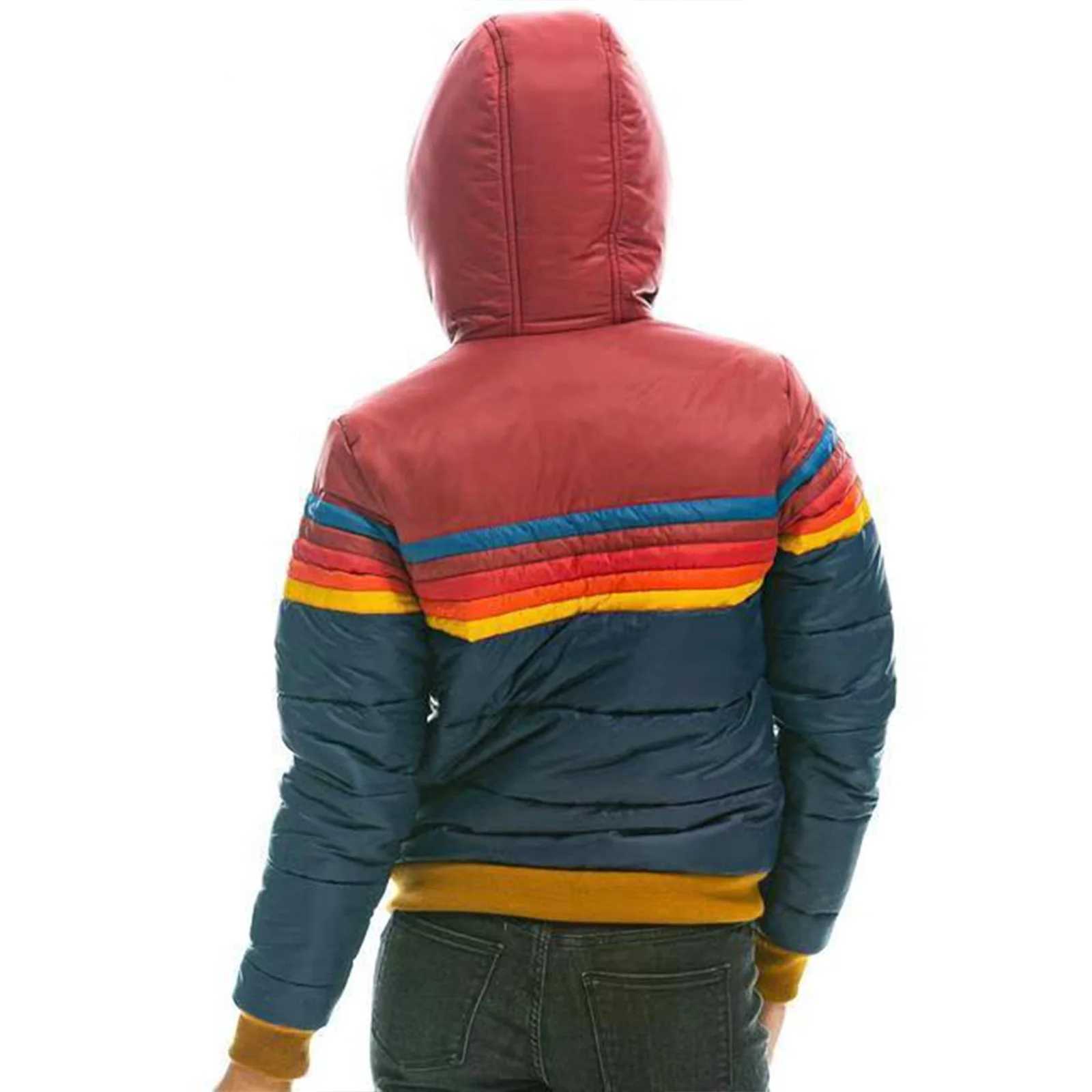 Women's Down Parkas 2024 Couples Fashion Rainbow Stripe Zipper Winter Jacket Man and Womens Casual Hooded Printed Short Cotton Jacket Y2408245ITB