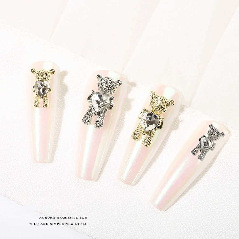 10 pieces of gold/silver bear nail art 3D charm cute rhinestone metal alloy processing design nail accessories decoration JE1009 W240829