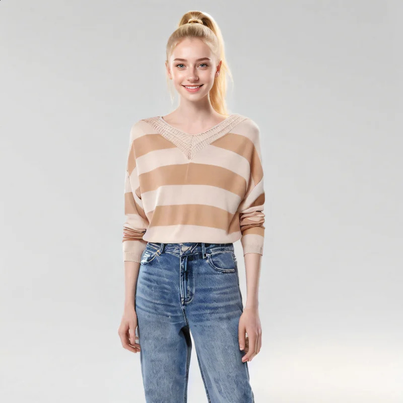 YG Autumn Womens Knitted Fashion Stripe Vneck Loose Long Sleeve Fabric Soft and Comfortable Hoodie 240827