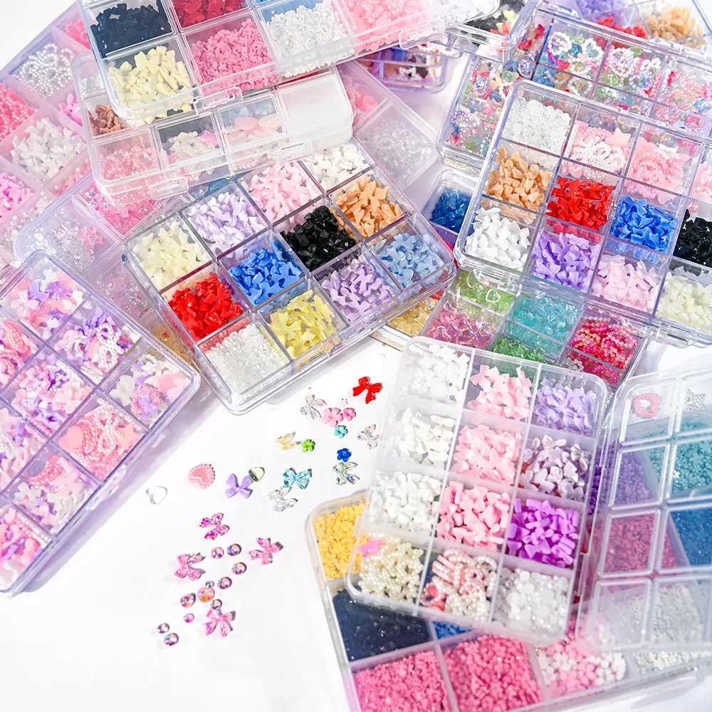 12 Grid/Box Mixed Bow Ribbon Nail Art Resin Charm Five Petal Flower Hollow Pearl Set Jewelry DIY Nail Art Accessories * #xw W240829