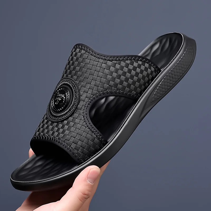 2024 Summer New Shoes for Men Slippers Fashion Casual Slides Comfortable Street Cool Beach Shoes Black Knit Sandals