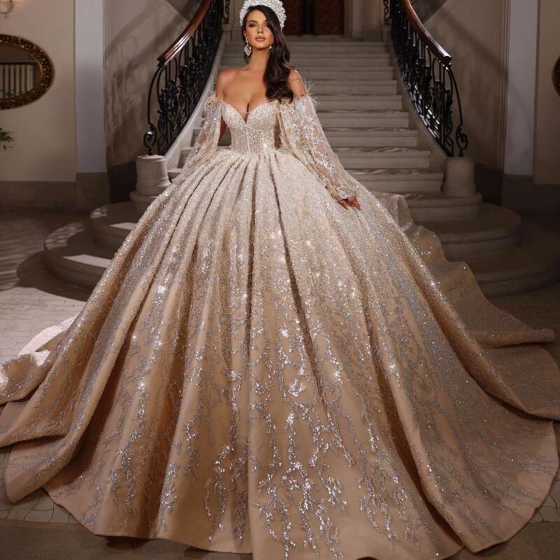 Charming Sweetheart Shiny Ball Gown Wedding Dress 2024 Romantic Off Shoulder Appliques Feather Beading Princess Bridal Go
