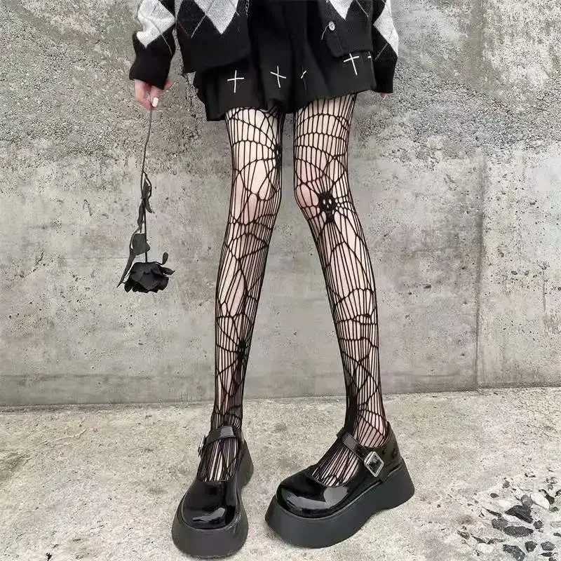 Socks Hosiery Gothic Dark Girls Skull Hollowed Out Tights Punk Women Sexy Fishnet Black Stockings Goth Lolita Nylon Spider Web Mesh Pantyhose Y2408330
