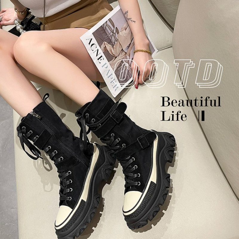 Autumn New Thick Bottom Short nubuck leather Non-Slip Sneakers Women Wind Motorcycle Boots 2023 ffad