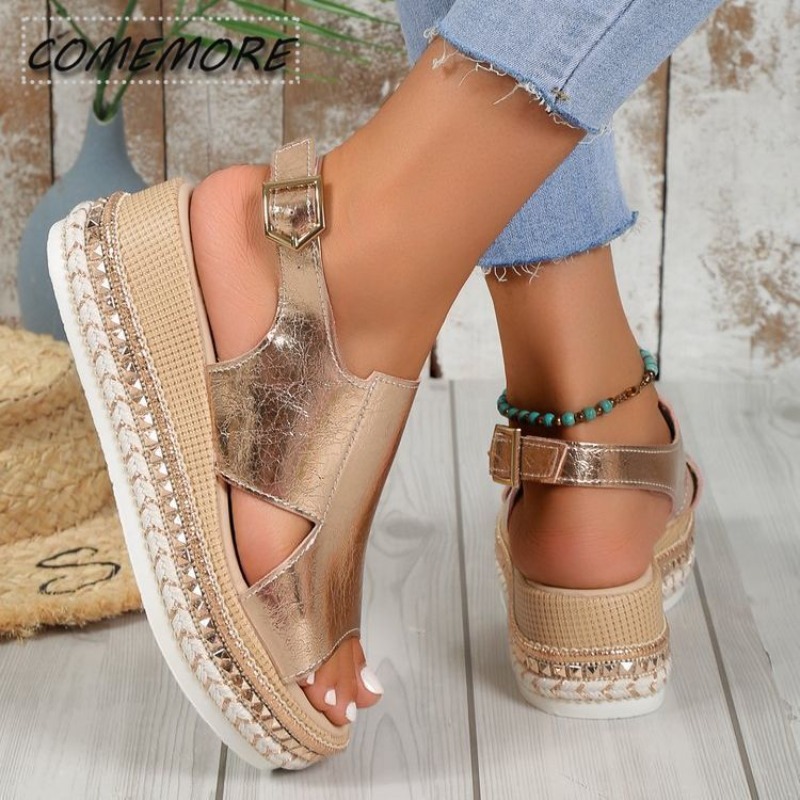 2024 New Black Wedge Women's Sandals Summer Fashion Elegant Platform Leisure Women Shoes High Heel Golden Heels Designer Sandals