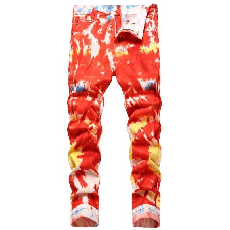 Men's Jeans Original European Style Personality Fashion Tie-Dye Printed Jeans Mid-Waist Stretch Slim-Fit Floral Pants Strt Trend Style Y240830QU0