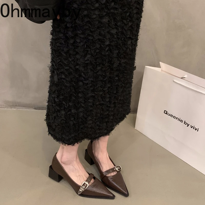Pointed Spring Toe Women's Pumps Fashion New Elgant Square Heel Footwear Ladies Shallow Street Style Mary Jane Shoes 79ac
