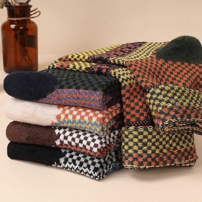 Men's Socks 5 Pairs/Lot Mens Thick Wool Socks Autumn And Winter High Quality Japanese Vintage Stripes Warm Comfortable Soft Socks EU 38-44 Y24083